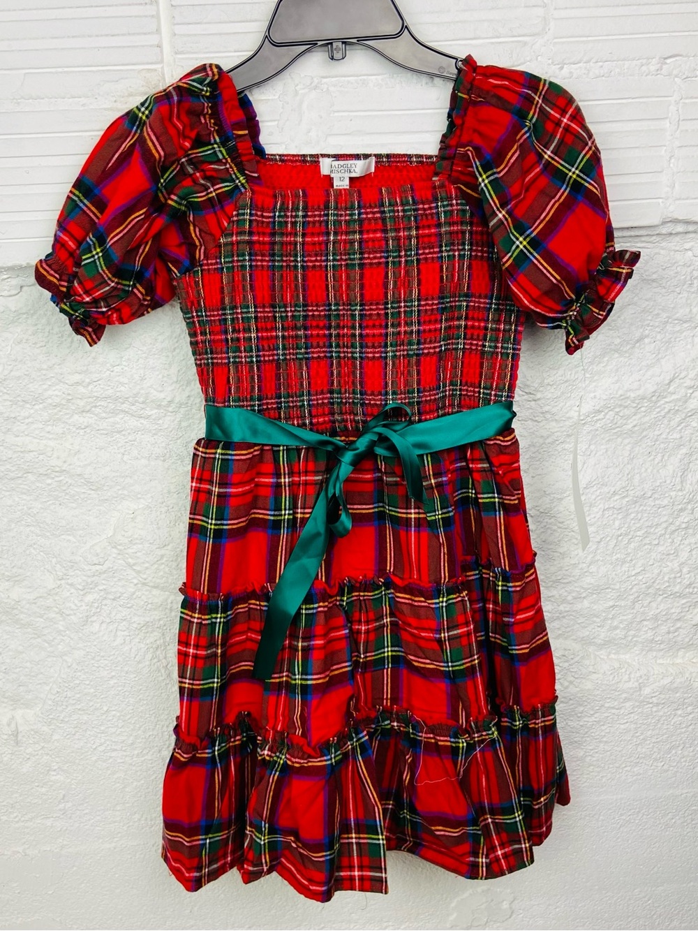 NWT Badgley Mischka Red Girls' plaid cotton Christmas puff sleeve Dress Size 12